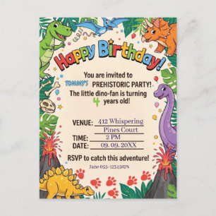 Carte Postale Faire-part Fête d'anniversaire pour enfants dinosaures préhis
