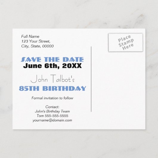 Carte Postale Faire-part Fête d'anniversaire Rétro Bleu 85 ans Réservez la (Dos)