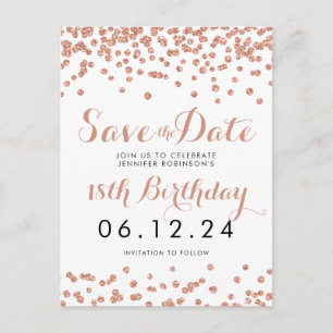 Carte Postale Faire-part Fête d'anniversaire Rose Gold Glitter Confetti à r