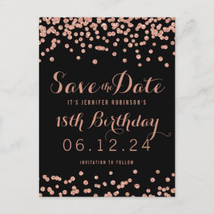 Carte Postale Faire-part Fête d'anniversaire Rose Gold Glitter Confetti Enr