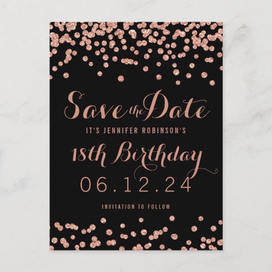 Carte Postale Faire-part Fête d'anniversaire Rose Gold Glitter Confetti Enr (Devant)
