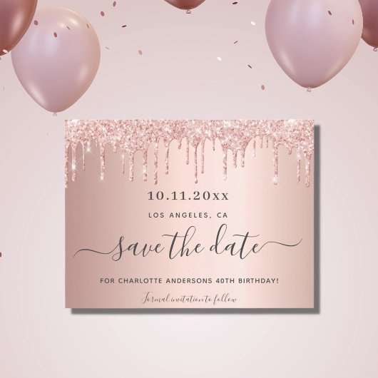 Carte Postale Faire-part Fête d'anniversaire rose gold pailleté save the da