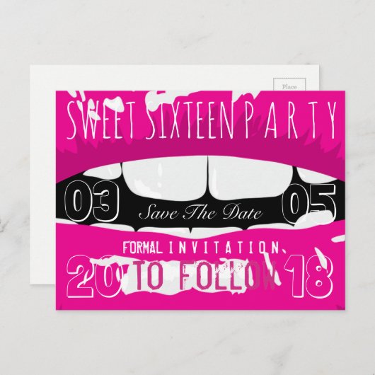 Carte Postale Faire-part Fête d'anniversaire Sweet 16 Enregistrez La Date L (Devant / Derrière)