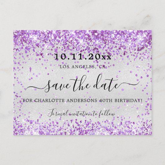 Carte Postale Faire-part Fête d'anniversaire violet argenté paillettes save (Devant)