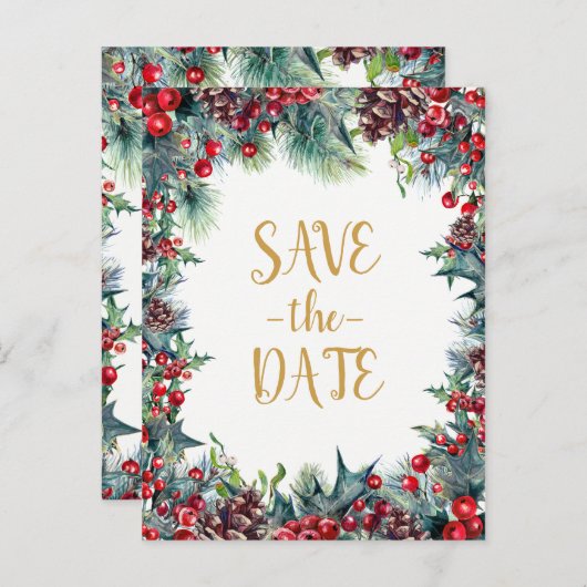 Carte Postale Faire-part Fête de mariage d'hiver Noël Enregistrer la date (Devant / Derrière)