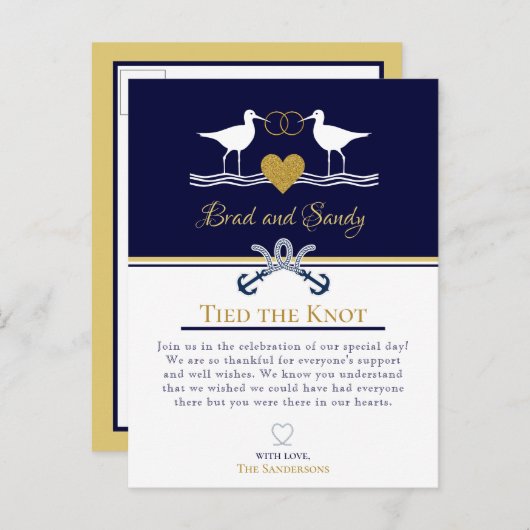 Carte Postale Faire-part Fête de mariage Nautical Coastal Navy Blue Sandpip (Devant / Derrière)