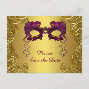 Carte Postale Faire-part Fête de Mascarade Violet et Or, Enregistrez la Dat