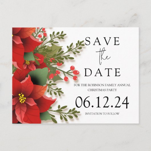 Carte Postale Faire-part Fête de Noël Enregistrer la date Poinsettia (Devant)