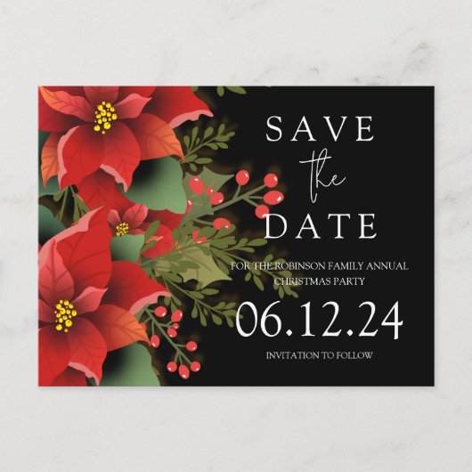 Carte Postale Faire-part Fête de Noël Enregistrer la date Poinsettia Noir (Devant)