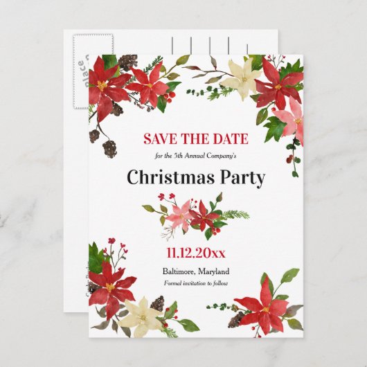 Carte Postale Faire-part Fête de Noël Fleurie Poinsettia Enregistrez La Dat (Devant / Derrière)