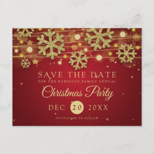 Carte Postale Faire-part Fête de Noël Or et Rouge Save The Date Paillettes