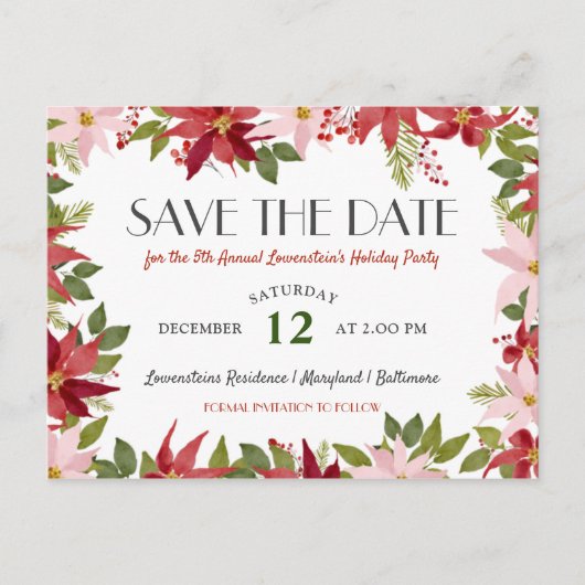 Carte Postale Faire-part Fête de Noël Poinsettia Save The Date (Devant)