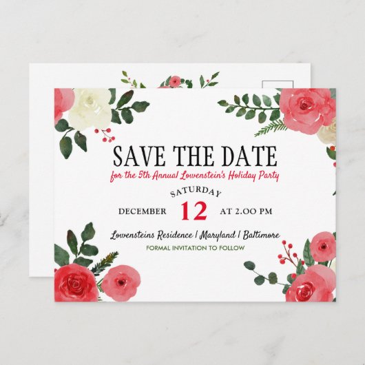 Carte Postale Faire-part Fête de Noël Red Rose Save The Date (Devant / Derrière)