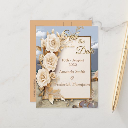 Carte Postale Faire-part Fête de plage avec fleurs blanches et perles (Devant/Arrière en situation)