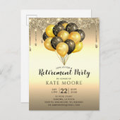 Carte Postale Faire-part Fête de Retraite Ballons Noirs et Dorés Paillettes (Devant / Derrière)