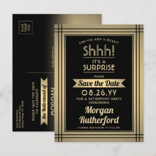 Carte Postale Faire-part Fête de retraite surprise noir or save the date