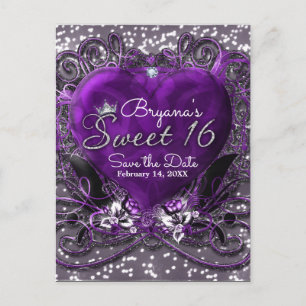 Carte Postale Faire-part Fête de sauvegarde de 16 ans de cœur violet et arg