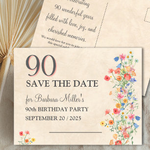 Carte Postale Faire-part Fête élégante florale pour 90 ans, Enregistrez la