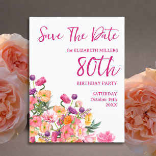 Carte Postale Faire-part Fête élégante florale pour les 80 ans, Économisez