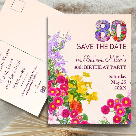 Carte Postale Faire-part Fête moderne 80 ans 80e anniversaire floral