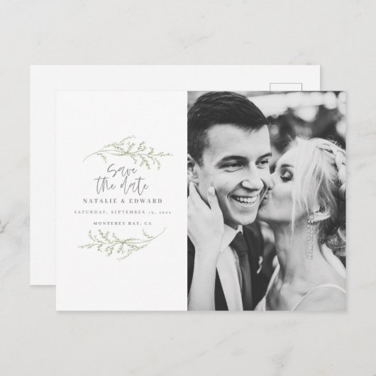 Carte Postale Faire-part Feuillage minimal + texte de script pour save the  (Devant / Derrière)