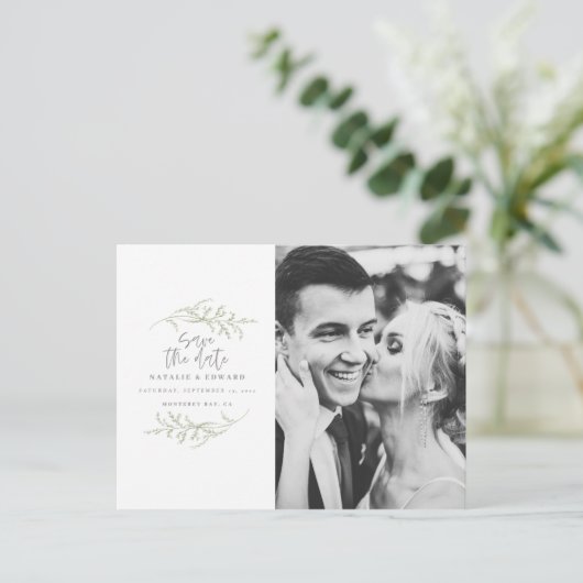 Carte Postale Faire-part Feuillage minimal + texte de script pour save the  (Debout devant)