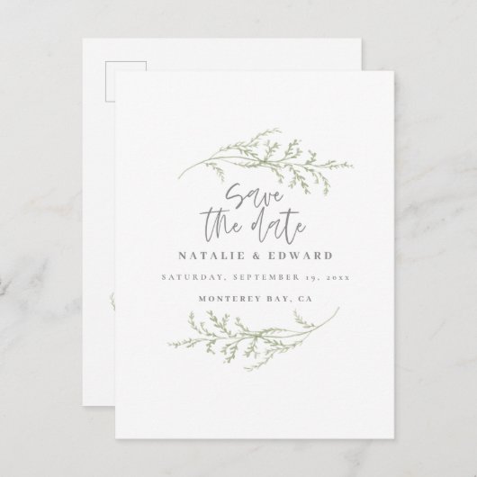 Carte Postale Faire-part Feuillage minimal + texte de script pour save the  (Devant / Derrière)