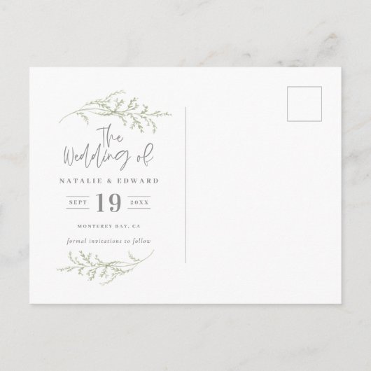 Carte Postale Faire-part Feuillage minimal + texte de script pour save the  (Dos)