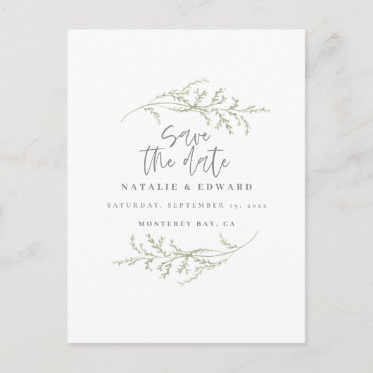 Carte Postale Faire-part Feuillage minimal + texte de script pour save the (Devant)