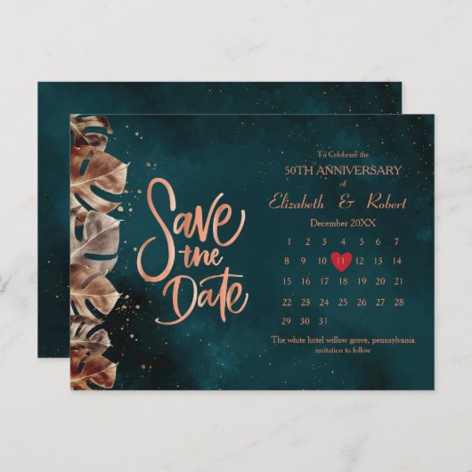 Carte Postale Faire-part Feuille 50e anniversaire Luxe Calendrier des dates (Devant / Derrière)