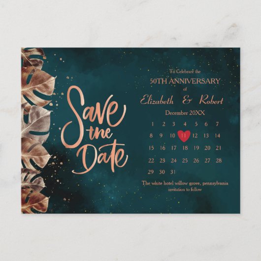 Carte Postale Faire-part Feuille 50e anniversaire Luxe Calendrier des dates (Devant)