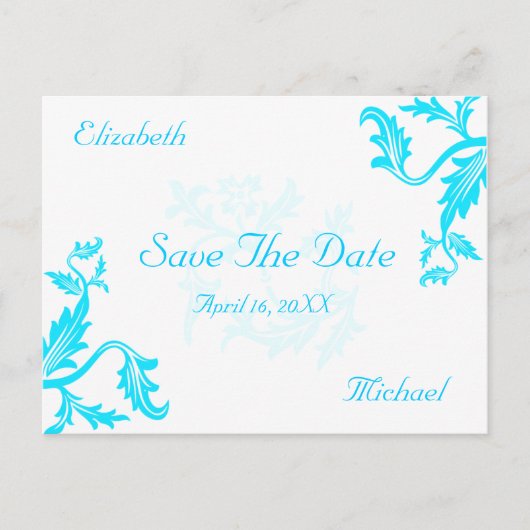 Carte Postale Faire-part Feuille bleu turquoise Damask Imprimer Enregistrer (Devant)