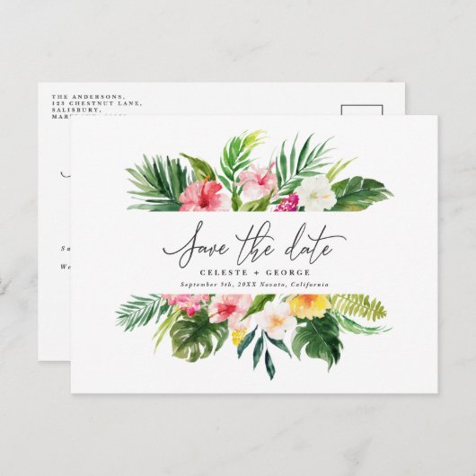 Carte Postale Faire-part Feuille d'aquarelle tropicale script enregistrer l (Devant / Derrière)