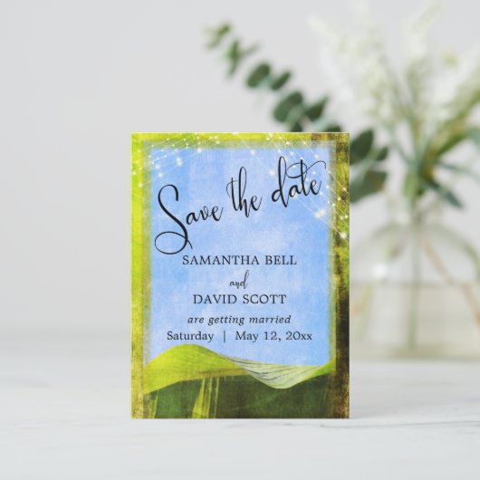 Carte Postale Faire-part Feuille de bananier rustique avec lumières Boho Sa (Debout devant)