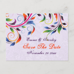 Carte Postale Faire-part Feuille de défilement colorée violet mariage Save
