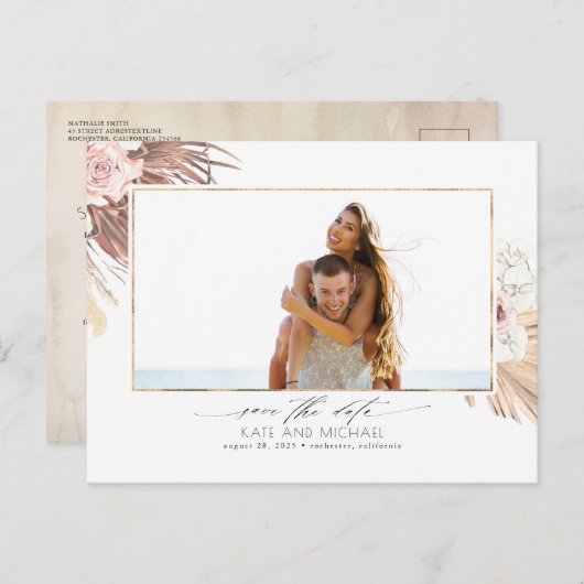 Carte Postale Faire-part Feuille de palmier séchée tropicale Enregistrer la (Devant / Derrière)