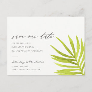 CARTE POSTALE FAIRE-PART FEUILLE DE PALMIER VERTE AQUARELLE FOLIAGE ÉTAPE D
