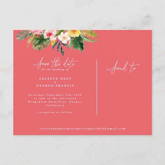 Carte Postale Faire-part Feuille de papier tropical aquarelle pour annoncer (Dos)