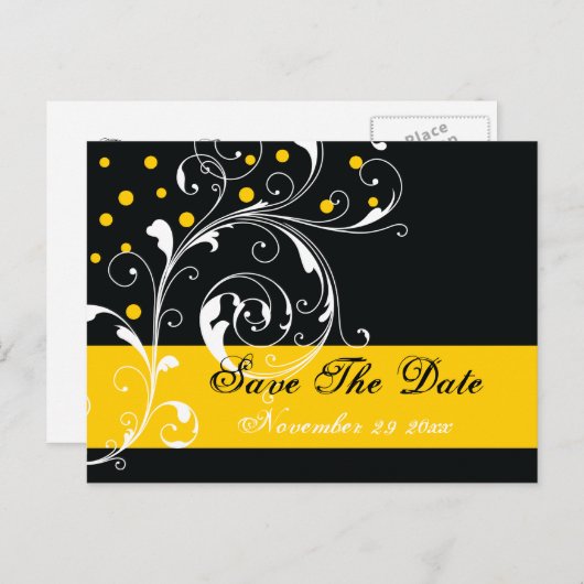 Carte Postale Faire-part Feuille enroulée noire, mariage jaune Enregistrez  (Devant / Derrière)