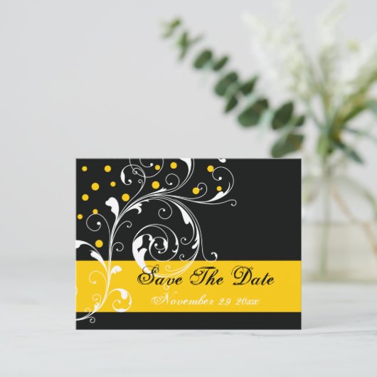 Carte Postale Faire-part Feuille enroulée noire, mariage jaune Enregistrez  (Debout devant)