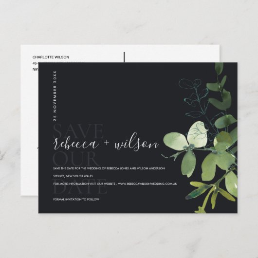 CARTE POSTALE FAIRE-PART FEUILLE NOIRE D'EUCALYPTUS AQUARELLE ENREGISTRER L (Devant / Derrière)