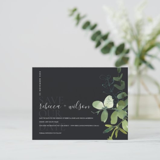 CARTE POSTALE FAIRE-PART FEUILLE NOIRE D'EUCALYPTUS AQUARELLE ENREGISTRER L (Debout devant)