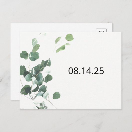 Carte Postale Faire-part Feuilles d'aquarelle enregistrer la date police mo (Devant / Derrière)
