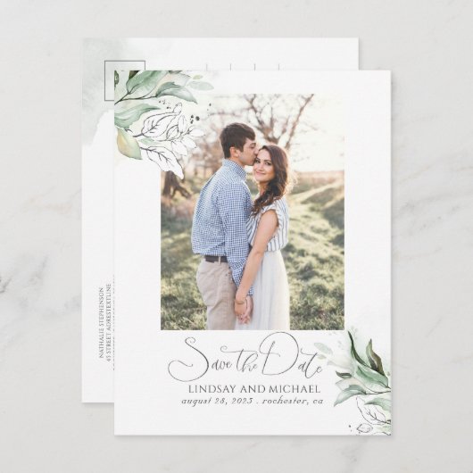 Carte Postale Faire-part Feuilles d'argent de verdure Enregistrer la date P (Devant / Derrière)