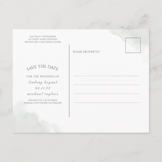 Carte Postale Faire-part Feuilles d'argent de verdure Enregistrer la date P (Dos)