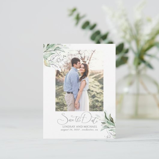 Carte Postale Faire-part Feuilles d'argent de verdure Enregistrer la date P (Debout devant)