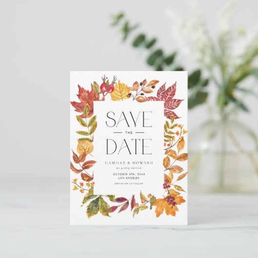 Carte Postale Faire-part Feuilles d'automne chaudes Cadre QR Code Enregistr (Debout devant)