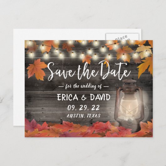 Carte Postale Faire-part Feuilles d'automne et Mariage de automne de lanter (Devant / Derrière)