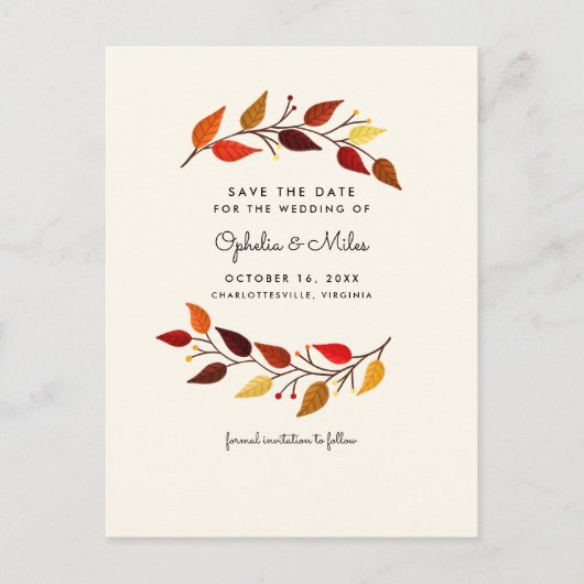 Carte Postale Faire-part Feuilles d'automne Gouache Enregistrer la date (Devant)