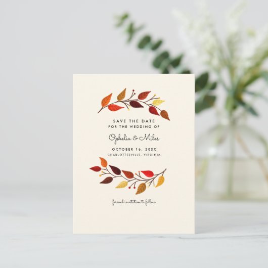 Carte Postale Faire-part Feuilles d'automne Gouache Enregistrer la date (Debout devant)